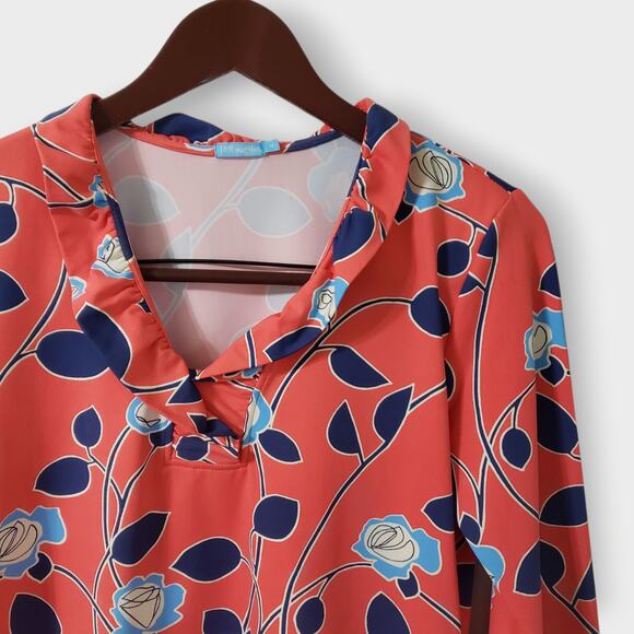 J. Mclaughlin Durham Ruffle Top Catalina Cloth Coral Pink Blue Floral Sz Medium - Picture 2 of 11
